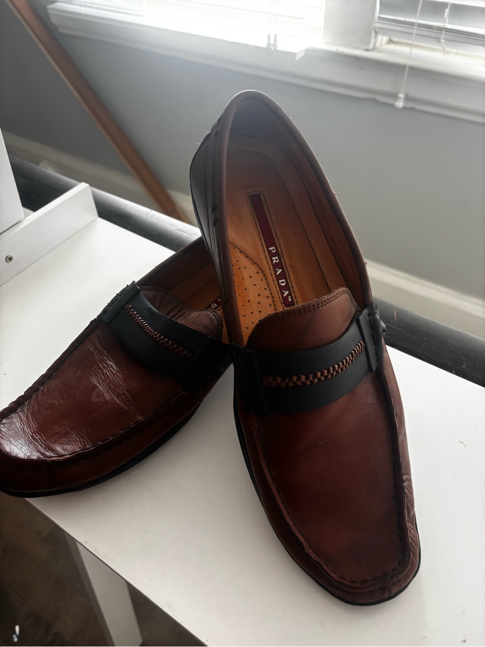 Prada Brown Leather Slip-On Loafers with Black Strap